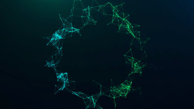 Green digital network ring with glowing connected nodes on dark background. Futuristic AI circle with blockchain structure, data links and smart tech energy.