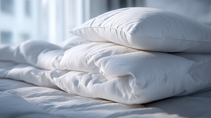 Fototapeta premium Soft white bedding, stacked neatly with a pillow, evoking comfort and relaxation in bedroom