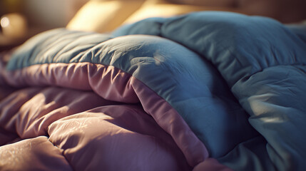 Fototapeta premium Cozy and comfortable blankets in shades of blue and purple, create a sense of relaxation and warmth