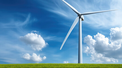 Fototapeta premium Wind turbine rising from a lush green field under a dynamic blue sky with scattered clouds, symbolizing clean wind energy, sustainable technology and ecological progress