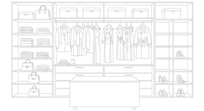 Modern walk in closet interior design with organized hanging clothes racks shelves for shoes and handbags illustrated in a clean professional minimalist black and white style