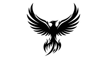 Fototapeta premium Black phoenix silhouette soaring against white background symbolizing rebirth