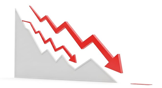 3D-rendered illustration of a downward-sloping graph with red arrows, signifying decline