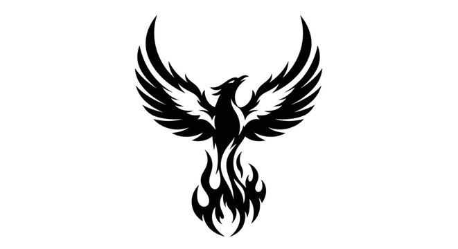 Black phoenix silhouette rising from flames on white background
