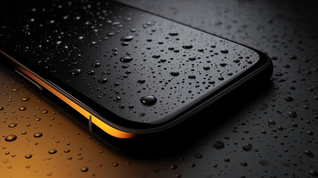 Sleek black mobile phone covered with glistening water droplets capturing a minimalist aesthetic