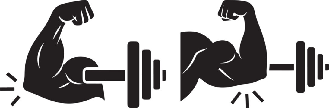 Man flexing arm with dumbbell set on white background