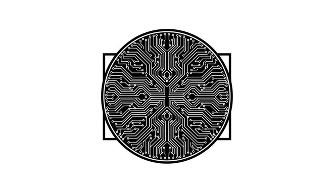 Circuit board design circular pattern with intricate electronic pathways