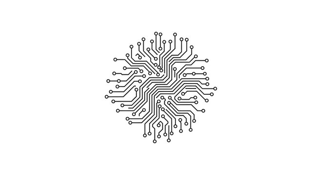 Circuit board design rendered as a circular graphic element on white background