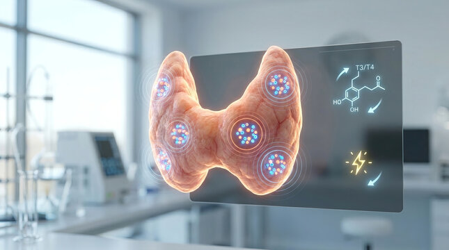 Thyroid gland medical anatomy hormone endocrine healthcare laboratory research technology thyroid gland hologram display modern laboratory, endocrine hormone concept with anatomy interface