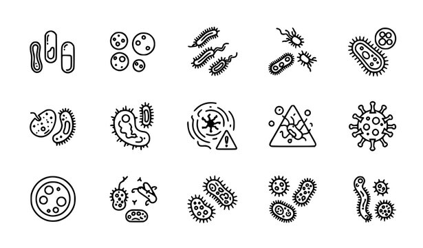 A set of black and white vector icons depicting various bacteria and viruses