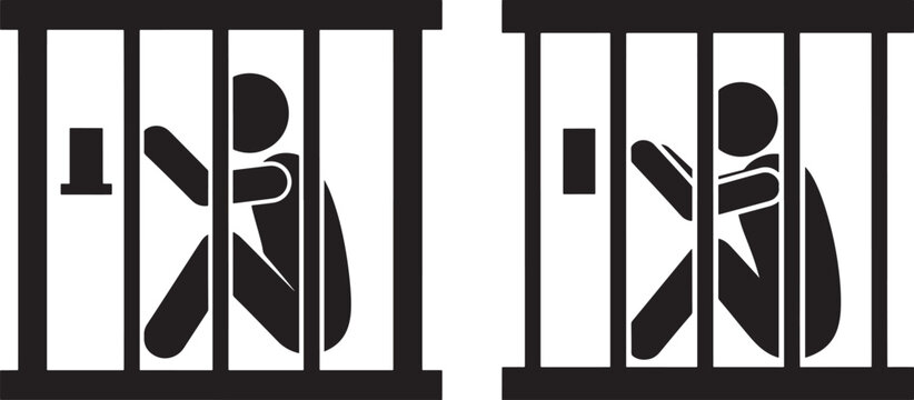 Prisoner in jail cell, behind bars, desperate icon silhouette
