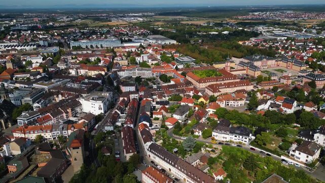 Aerial view beside the old town of the city Bruchsal in Germany, Baden-W&uuml;rttemberg on a sunny day in spring.