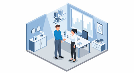 Naklejka premium Isometric Illustration of Business Partners Shaking Hands in Modern Office, Concept of Successful Deal, Agreement, and Recruitment