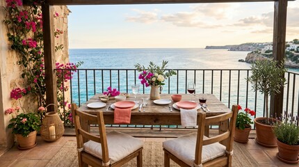 Obraz premium Coastal balcony breakfast table with pink napkins, wine glasses and ocean horizon for relaxed outdoor background and seaside banner design