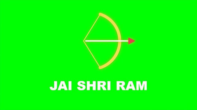 Hindu religious slogan Jai Shri Ram with golden bow and arrow icon isolated on green screen