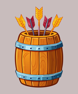 dark wood barrel holding archery arrows fletcher equipment medieval battle supply fantasy game icon projectile weapon storage decorative container archery accessory art