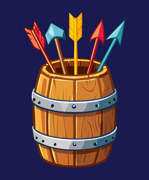 wooden barrel filled with arrows archery equipment fletcher tool battle supply medieval warfare accessory fantasy game icon decorative container projectile weapon storage