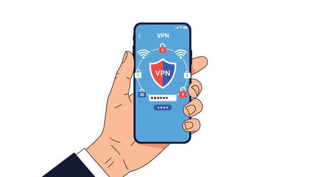 Professional concept of mobile security showing a hand holding a smartphone with a vpn application for protected internet connection.