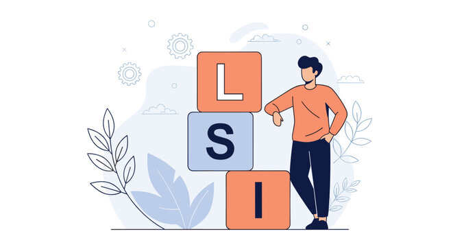 Creative business concept showing a professional man leaning on large letter blocks spelling lsi for search engine optimization strategy.