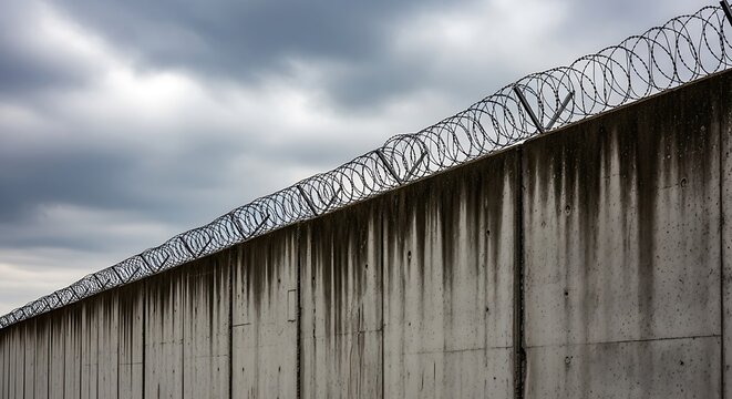 A high concrete wall topped with razor wire against a cloudy sky, suggesting enclosure