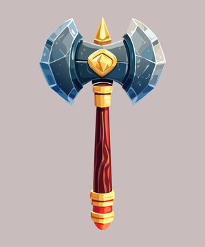 heavy double axe steel blade fantasy warrior weapon wood handle mystical equipment adventure game icon decorative metal sharp tool warrior combat art