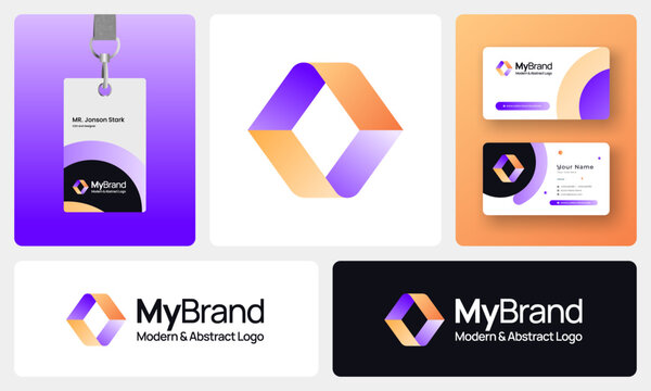 Modern Abstract Logo, Minimalist Geometric Branding, Gradient, Futuristic Business Professional Design with ID and business card 