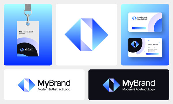 Modern Abstract Logo, Minimalist Geometric Branding, Gradient, Futuristic Business Professional Design with ID and business card 