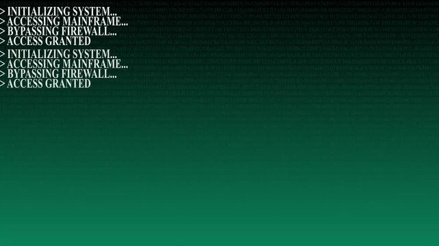 Digital system initializing and accessing main frame with flowing text and data progress computer code screen interface technology computer code screen interface technology