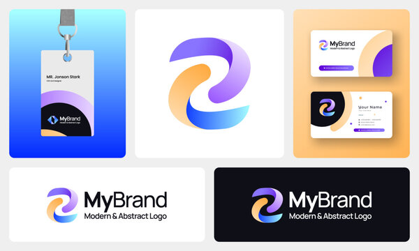 Modern Abstract Logo, Minimalist Geometric Branding, Gradient, Futuristic Business Professional Design with ID and business card 