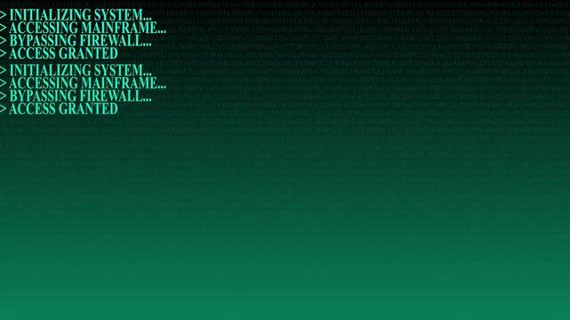 Digital system initializing and accessing main frame with flowing text and data progress computer code screen interface technology computer code screen interface technology