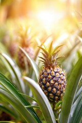 Obraz premium Close up of Ripe Pineapple Growing in Garden With Bright Sunlight in Background
