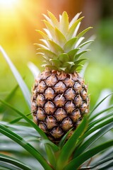 Fototapeta premium Ripe Pineapple Grows in Garden Surrounded by Green Leaves and Sunlight in Fresh Season