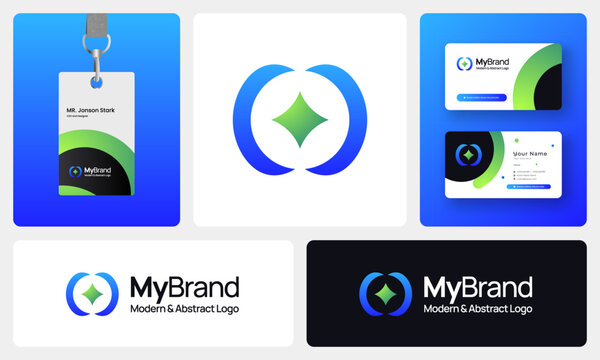 Modern Abstract Logo, Minimalist Geometric Branding, Gradient, Futuristic Business Professional Design with ID and business card 