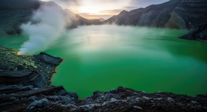A volcanic crater filled with bright green acidic water, emitting steam.