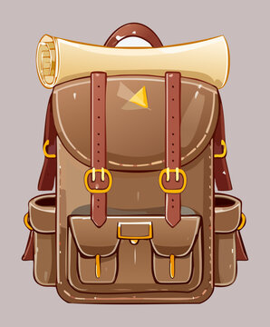 Traveler backpack with bedroll for adventure game character inventory equipment survival gear storage bag brown camping outdoor exploration hiking tool asset icon