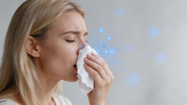 A woman is shown blowing her nose into a tissue with a sick expression on her face, conveying a sense of illness and discomfort.