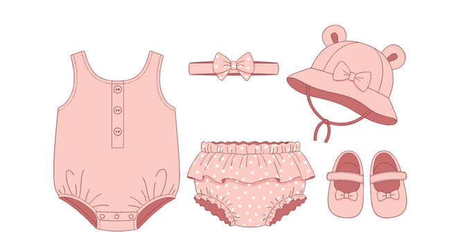 Pink baby clothing set including a simple onesie, matching hat, shoes, diaper cover, and a cute bow headband for a newborn girl.