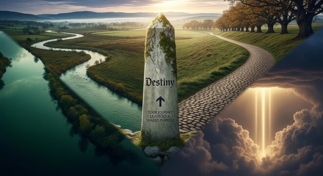 Stone monument at crossroads with river and road