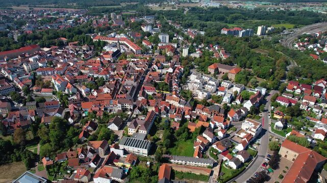 Aerial view beside the old town above the city Germersheim on an early spring morning in Germany