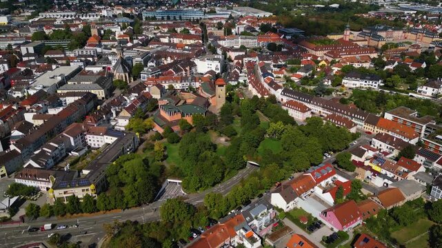 Aerial view beside the old town of the city Bruchsal in Germany, Baden-W&uuml;rttemberg on a sunny day in spring.