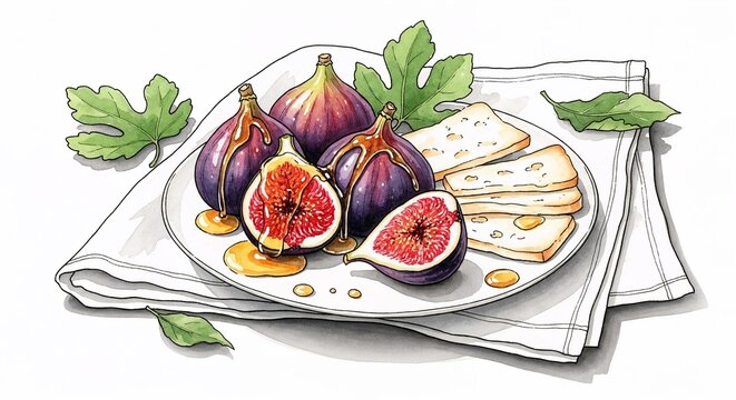 Mediterranean snack scene with figs, cheese, and honey in soft mixed-media watercolor