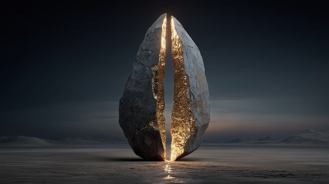 Surreal concept of energy and power breaking through a monolithic stone