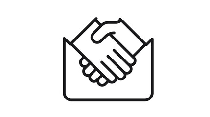Handshake inside an open envelope vector icon. Minimalist black line art illustration representing business partnership, agreement, successful deal, email confirmation, and contract signing. © Soniya