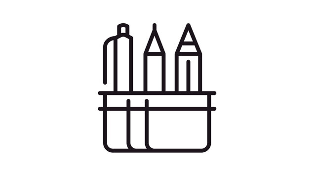 Black line art vector icon of a desk organizer or pencil holder containing a pen and two pencils, symbolizing office supplies, stationery, education, school, and workspace organization.
