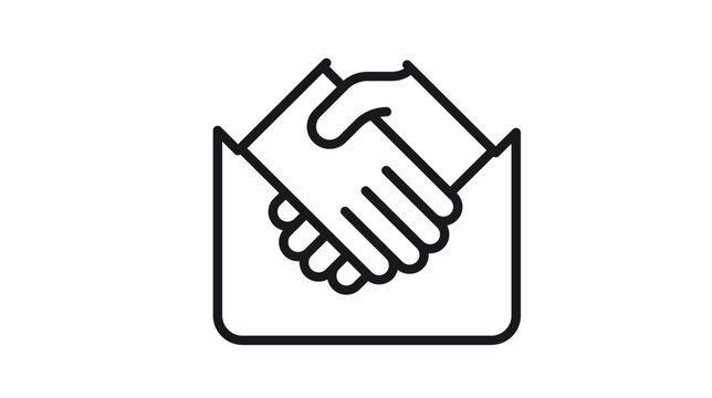 Handshake inside an open envelope vector icon. Minimalist black line art illustration representing business partnership, agreement, successful deal, email confirmation, and contract signing.
