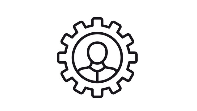 Minimalist black line vector icon illustration of a person silhouette inside a gear cogwheel, representing human resources, management, professional settings, and engineering expertise.