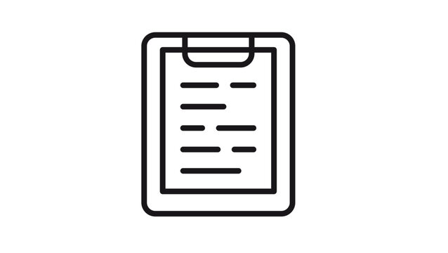 Black line vector icon of a clipboard with a document and checklist, minimalist illustration for business reports, task lists, and surveys, scalable graphic symbol for web and app design.