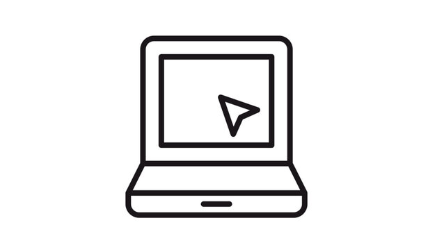 Laptop computer icon with cursor arrow on screen, minimalist black line art vector illustration for technology, business, and web design concepts, scalable symbol isolated on white background.