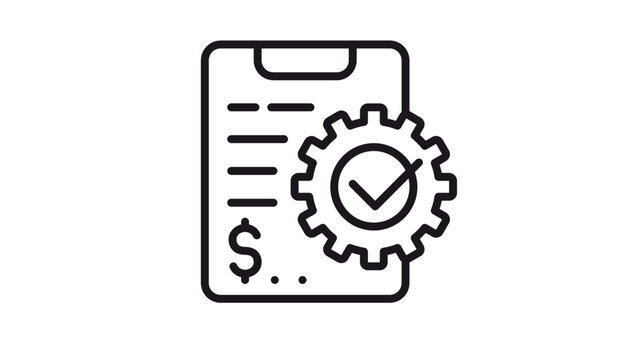 Black vector icon illustration of a financial document clipboard with a dollar sign, integrated with a gear and checkmark symbol representing automated billing, payment processing, and audit.