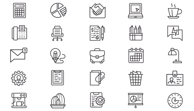 25 Minimalist Black Vector Icon Set Bundle for Business and Office Productivity. Collection of line art symbols including calculator, laptop, handshake, contract, coffee, calendar, and briefcase.